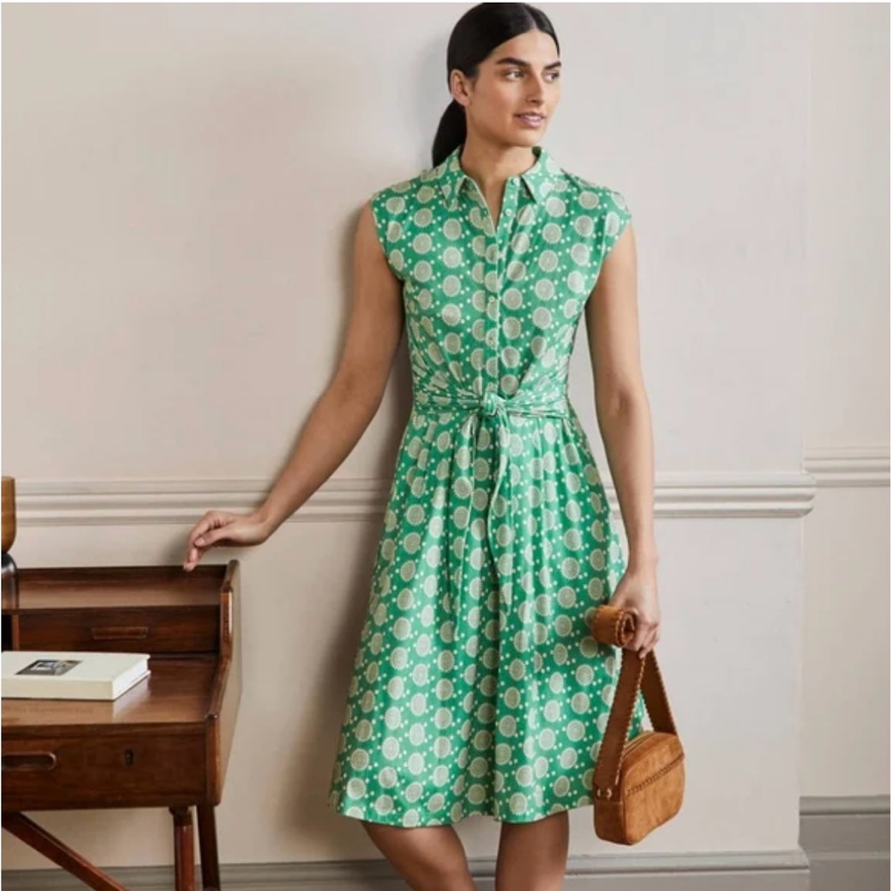 Boden Green Patterned Sleeveless Tie-Waist Jersey Shirt Dress